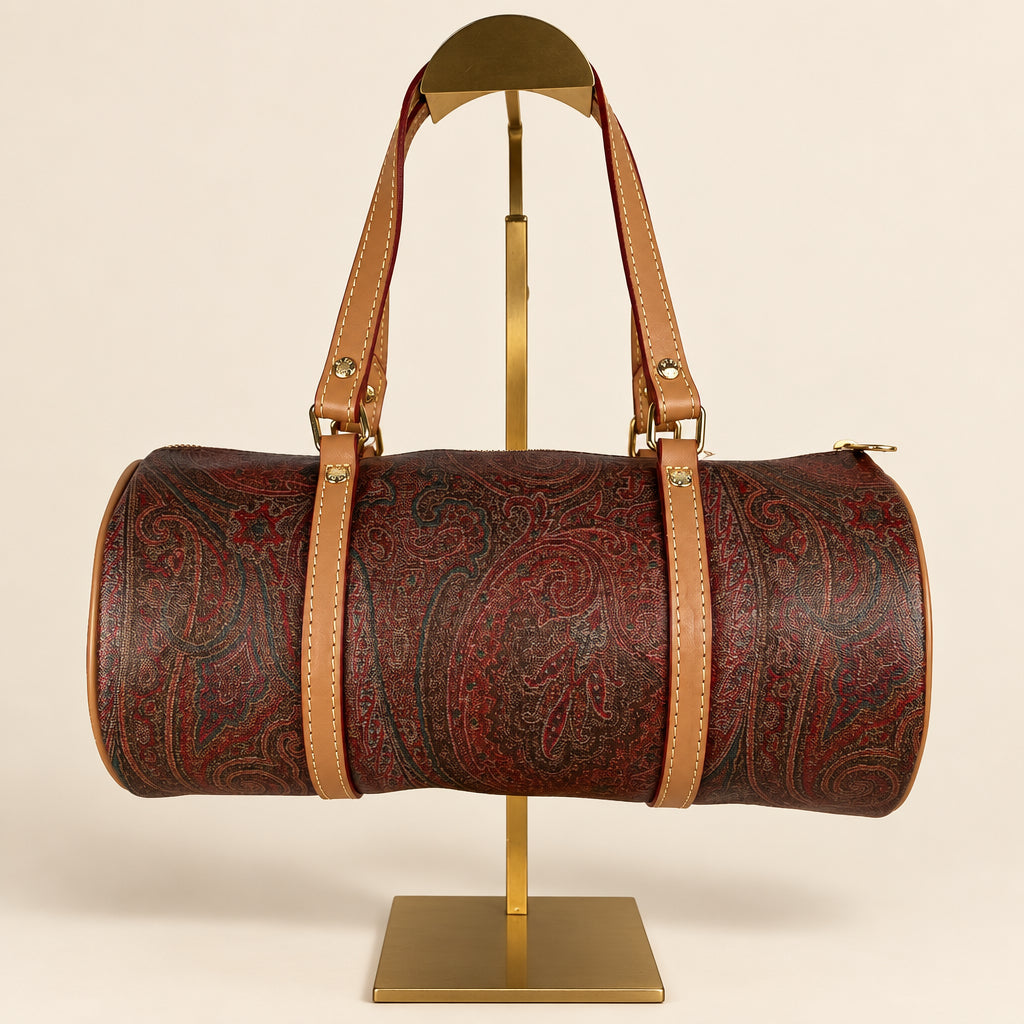 Etro Paisley Barrel Bag in brown paisley canvas and leather