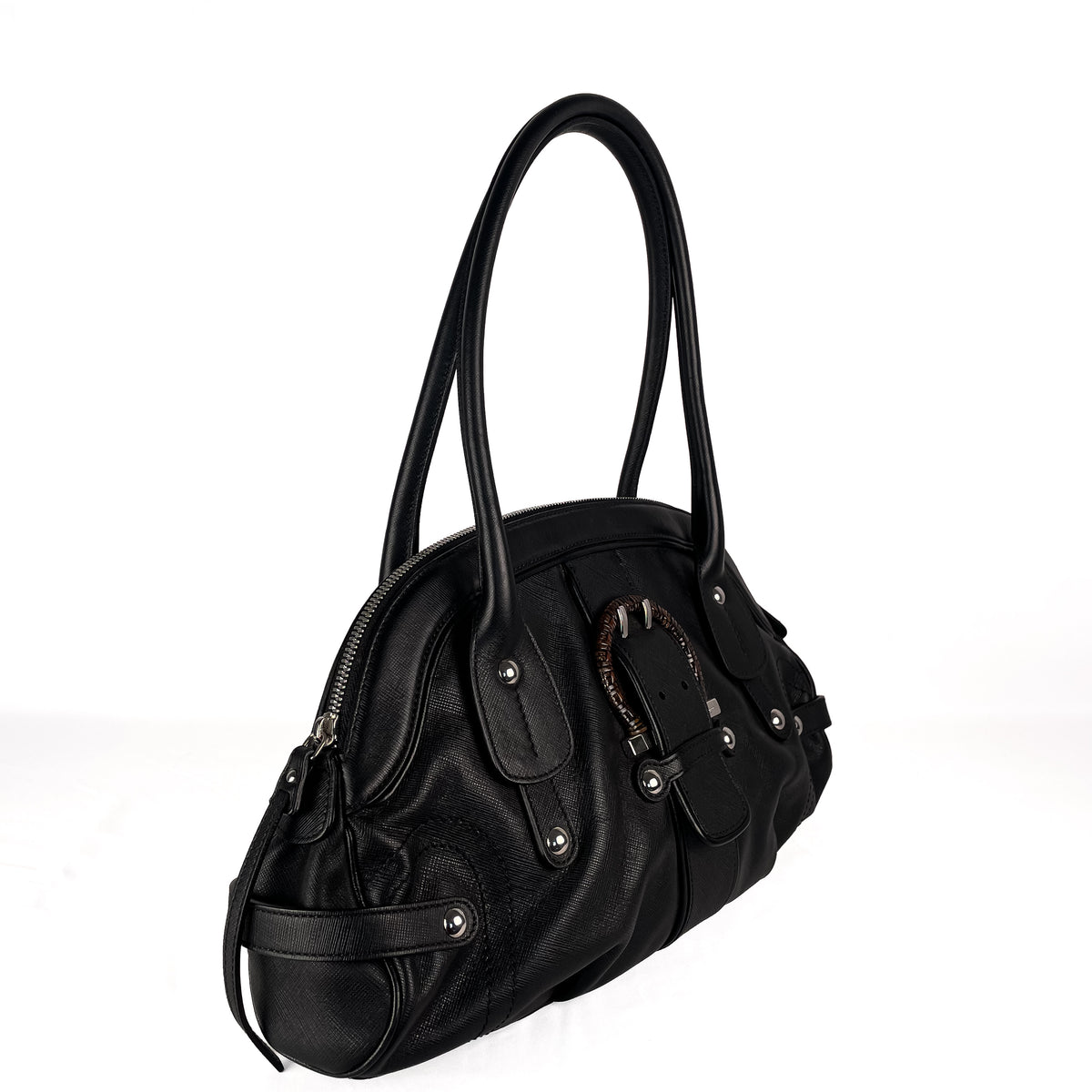 Side view of black Salvatore Ferragamo Gancini handbag
