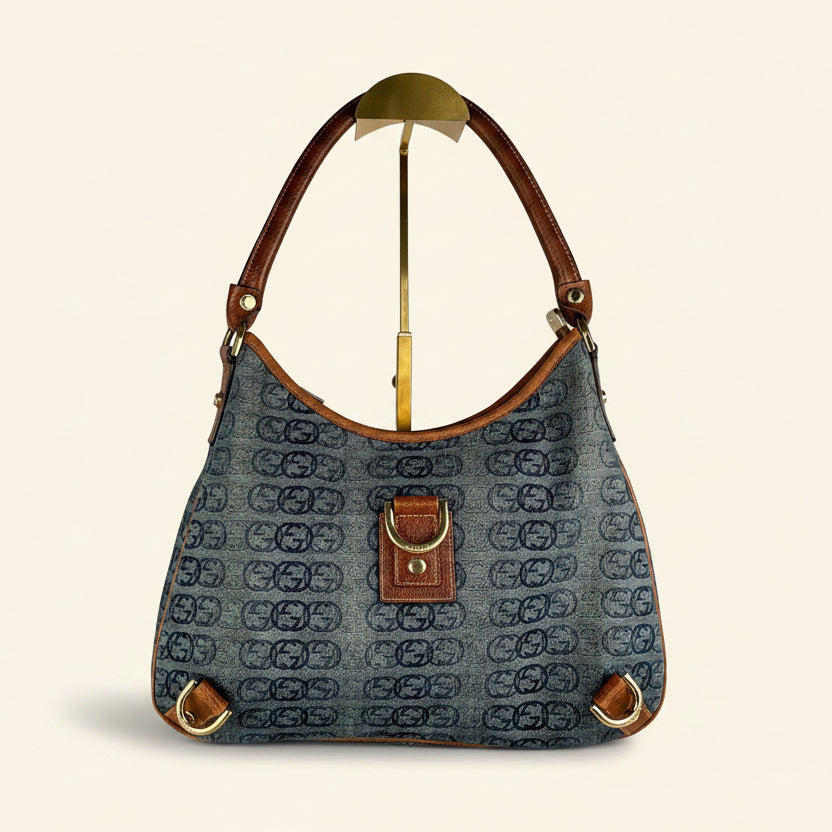 Gucci GG Denim Abbey D-Ring shoulder bag in blue denim and brown leather