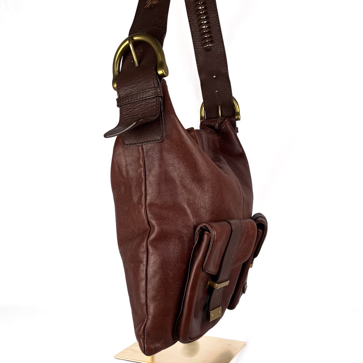 Side profile of brown Lauren Ralph Lauren Bermondsey leather hobo bag
