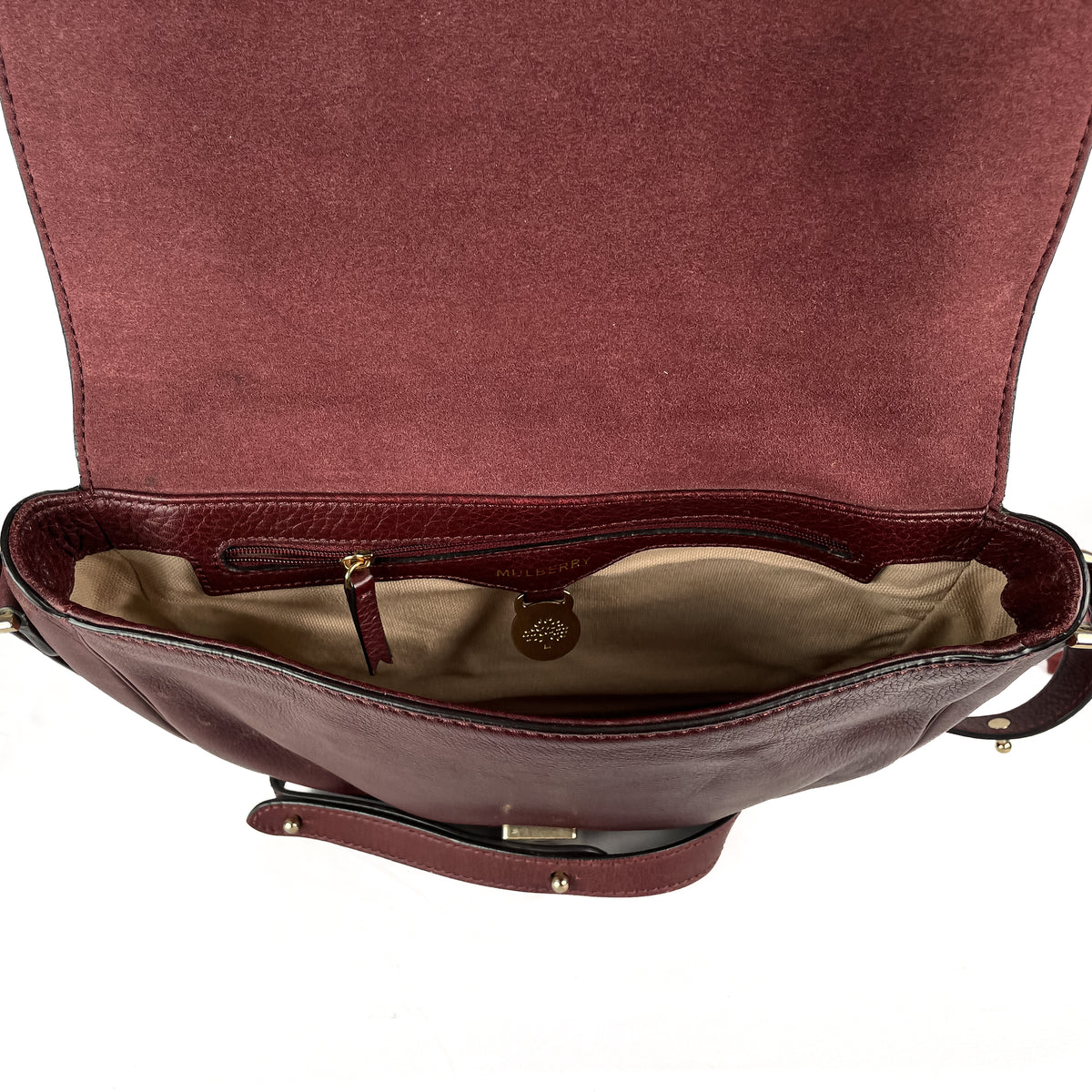 Interior of burgundy Mulberry Tessie leather satchel
