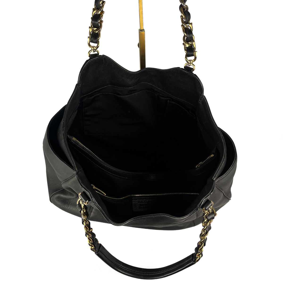 Interior of black Salvatore Ferragamo Melinda tote bag
