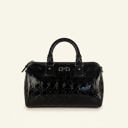 Black Salvatore Ferragamo Patent Gancini embossed bowling bag