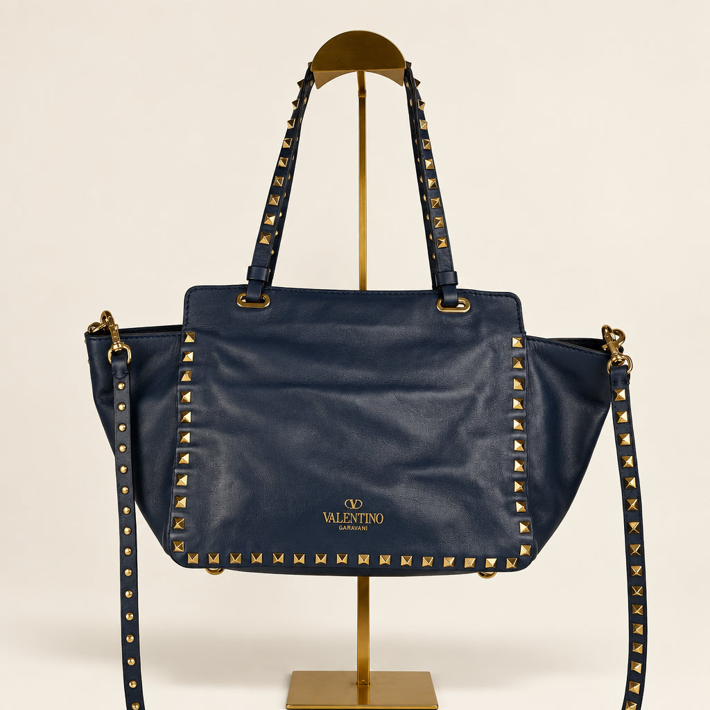 Valentino Garavani Rockstud blue leather tote bag with silver-tone studs